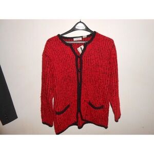 VNTG Bramble Lane Womens Cardigan Sweater Red Black Marble Size SM Shoulder Pads